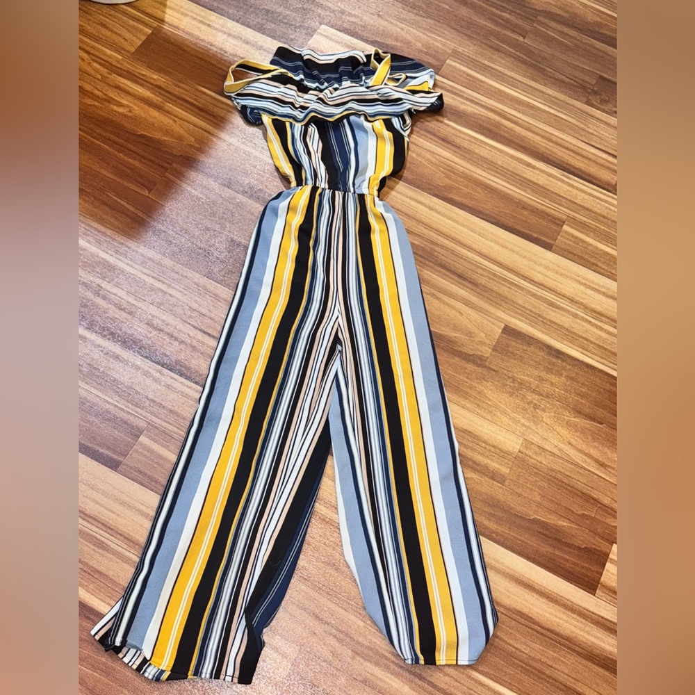 Almost Famous Yellow and Black Striped Jumpsuit